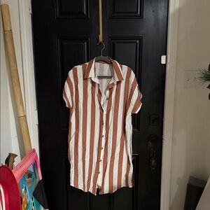 Brown and White Striped Button-Up Dress